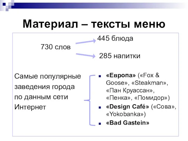 Материал – тексты меню 445 блюда 730 слов 285 напитки Самые