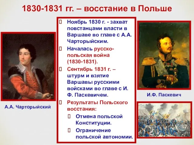 1830-1831 гг. – восстание в Польше Ноябрь 1830 г. - захват