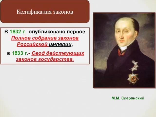В 1832 г. опубликовано первое Полное собрание законов Российской империи, в