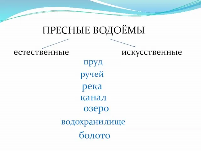 ПРЕСНЫЕ ВОДОЁМЫ естественные искусственные ручей река пруд канал озеро водохранилище болото