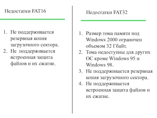 Недостатки FAT16 Не поддерживается резервная копия загрузочного сектора. Не поддерживается встроенная