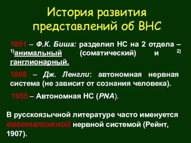 История развития представлений об ВНС 1801 – Ф.К. Биша: разделил НС