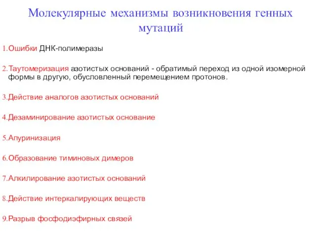 Молекулярные механизмы возникновения генных мутаций Ошибки ДНК-полимеразы Таутомеризация азотистых оснований -