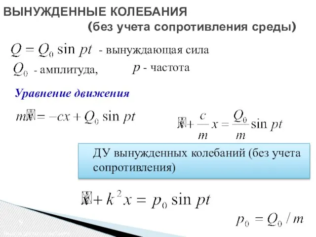 ВЫНУЖДЕННЫЕ КОЛЕБАНИЯ (без учета сопротивления среды) Вынужденные колебания Уравнение движения -