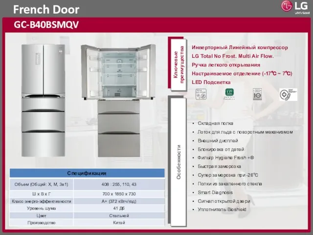 French Door GC-B40BSMQV Ключевые преимущества Особенности