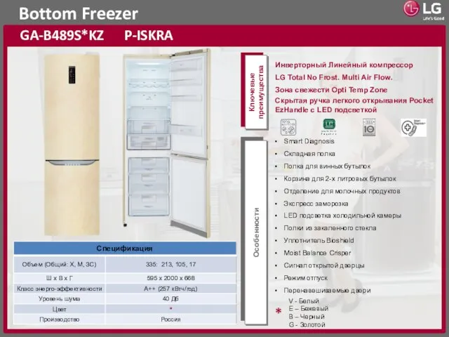 Bottom Freezer GA-B489S*KZ P-ISKRA Ключевые преимущества Особенности