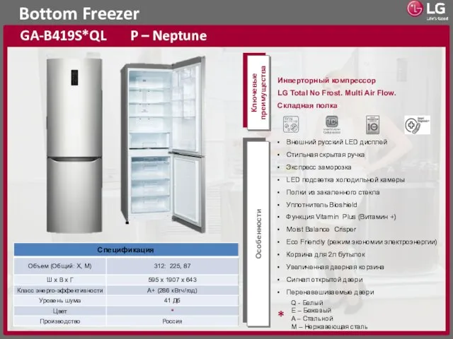 Bottom Freezer GA-B419S*QL P – Neptune Ключевые преимущества Особенности