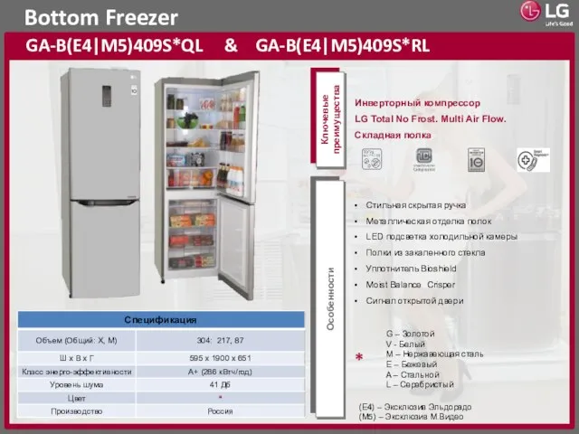 Bottom Freezer GA-B(E4|M5)409S*QL & GA-B(E4|M5)409S*RL Ключевые преимущества Особенности (E4) – Эксклюзив Эльдорадо (M5) – Эксклюзив М.Видео