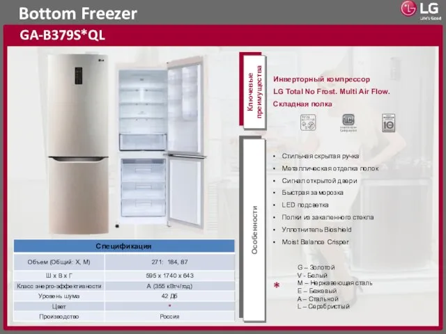 Bottom Freezer GA-B379S*QL Ключевые преимущества Особенности