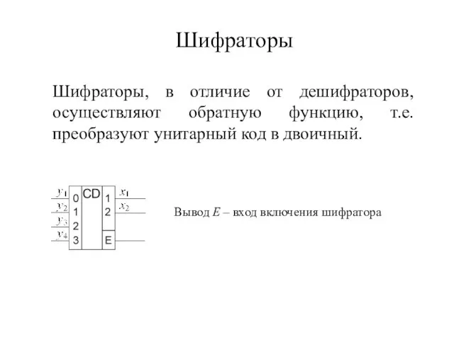 Шифраторы Шифраторы, в отличие от дешифраторов, осуществляют обратную функцию, т.е. преобразуют