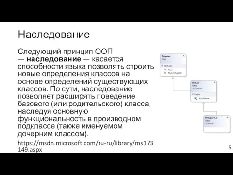 Наследование Следующий принцип ООП — наследование — касается способности языка позволять