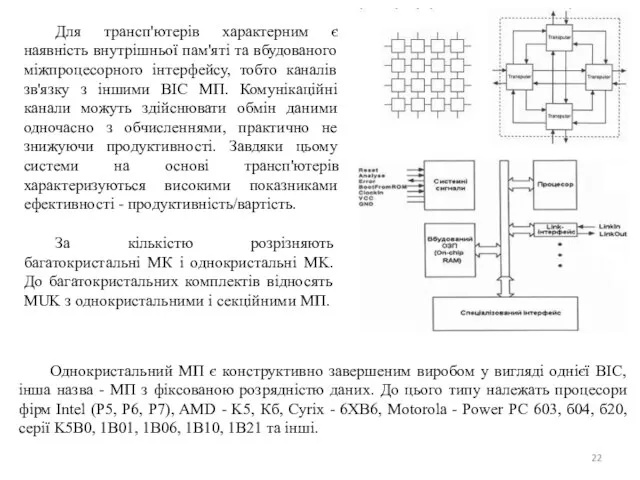 Для трансп'ютерів характерним є наявність внутрішньої пам'яті та вбудованого міжпроцесорного інтерфейсу,