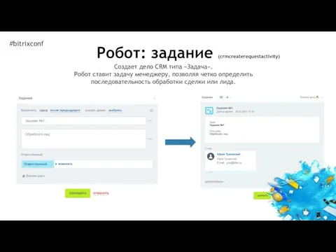 Создает дело CRM типа «Задача». Робот ставит задачу менеджеру, позволяя четко