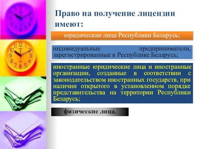Право на получение лицензии имеют: индивидуальные предприниматели, зарегистрированные в Республике Беларусь;