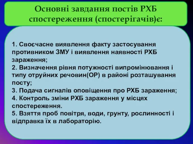 Основні завдання постів РХБ спостереження (спостерігачів)є: 1. Своєчасне виявлення факту застосування