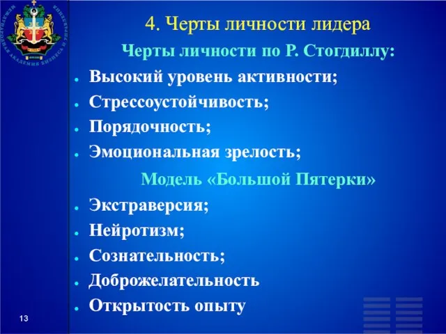 4. Черты личности лидера Черты личности по Р. Стогдиллу: Высокий уровень