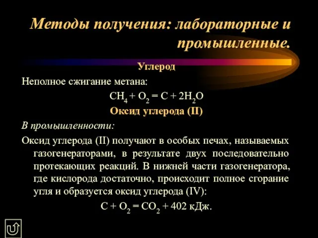 Методы получения: лабораторные и промышленные. Углерод Неполное сжигание метана: СН4 +