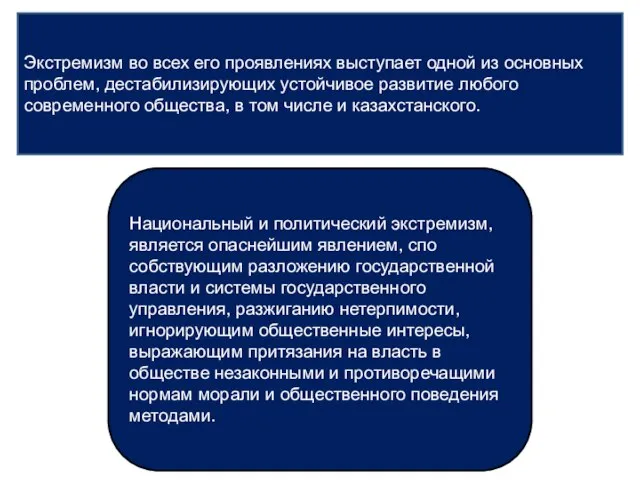 Экстремизм во всех его проявлениях выступает одной из основных проблем, дестабилизирую­щих