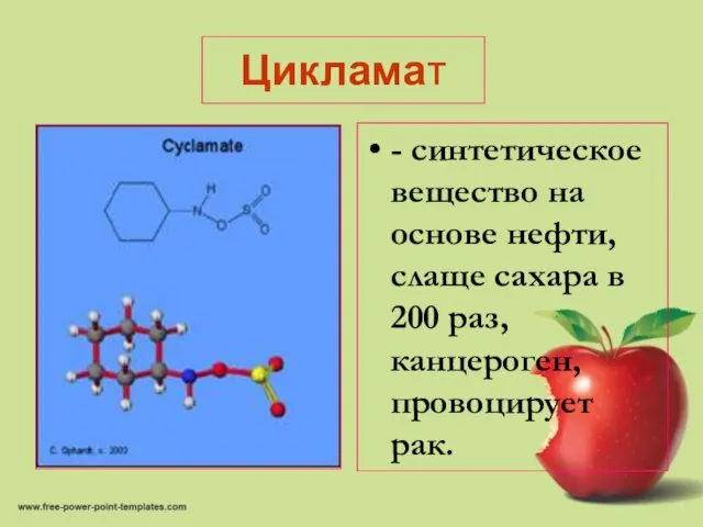 Цикламат - синтетическое вещество на основе нефти, слаще сахара в 200 раз, канцероген, провоцирует рак.