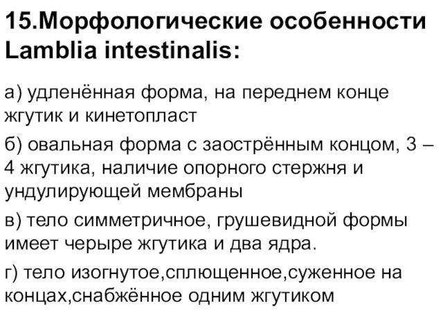 15.Морфологические особенности Lamblia intestinalis: а) удленённая форма, на переднем конце жгутик