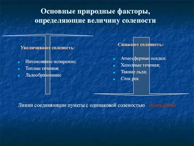 Основные природные факторы, определяющие величину солености Увеличивают соленость: Интенсивное испарение; Теплые