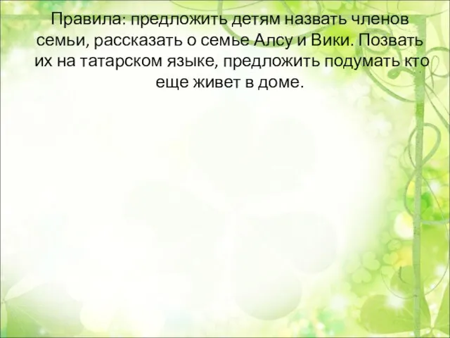 Правила: предложить детям назвать членов семьи, рассказать о семье Алсу и