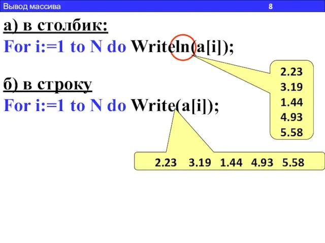а) в столбик: For i:=1 to N do Writeln(a[i]); б) в