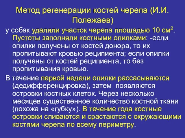 Метод регенерации костей черепа (И.И.Полежаев) у собак удаляли участок черепа площадью