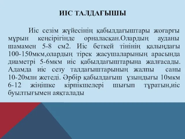 ИІС ТАЛДАҒЫШЫ Иіс сезім жүйесінің қабылдағыштары жоғарғы мұрын кеңсірігінде орналасқан.Олардың ауданы