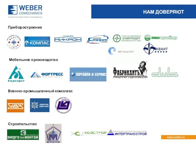 НАМ ДОВЕРЯЮТ Приборостроение Мебельное производство Военно-промышленный комплекс Военно-промышленный комплекс Строительство