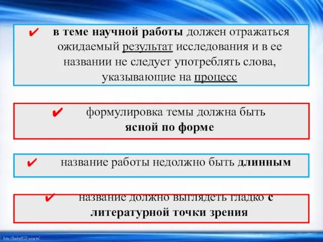 в теме научной работы должен отражаться ожидаемый результат исследования и в