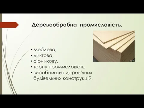 Деревообробна промисловість. меблева, диктова, сірникову, тарну промисловість, виробництво дерев’яних будівельних конструкцій.