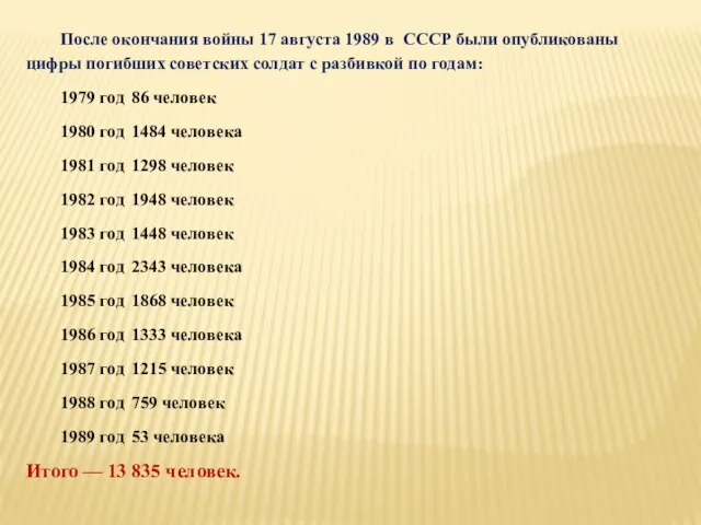 После окончания войны 17 августа 1989 в СССР были опубликованы цифры