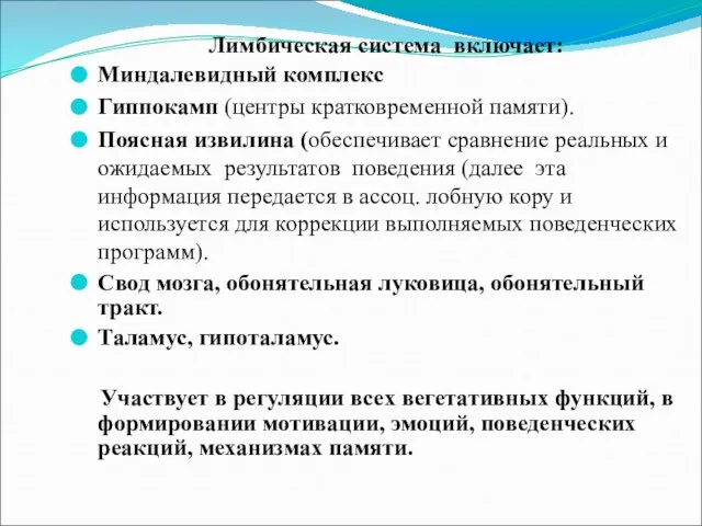 Лимбическая система включает: Миндалевидный комплекс Гиппокамп (центры кратковременной памяти). Поясная извилина