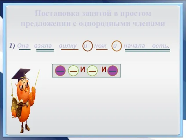 Постановка запятой в простом предложении с однородными членами Она взяла вилку и нож и начала есть.