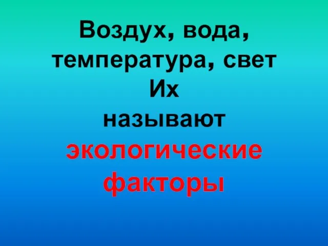 Воздух, вода, температура, свет Их называют экологические факторы