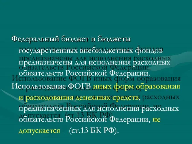 Федеральный бюджет и бюджеты государственных внебюджетных фондов предназначены для исполнения расходных