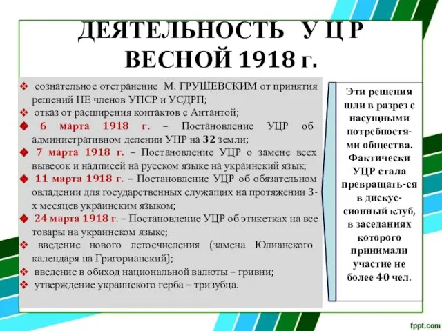 ДЕЯТЕЛЬНОСТЬ У Ц Р ВЕСНОЙ 1918 г. сознательное отстранение М. ГРУШЕВСКИМ