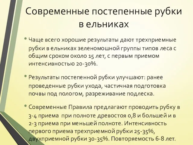 Современные постепенные рубки в ельниках Чаще всего хорошие результаты дают трехприемные