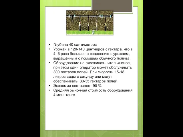 Глубина 40 сантиметров Урожай в 120-140 центнеров с гектара, что в