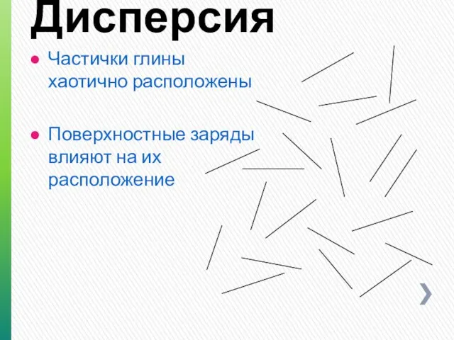 Дисперсия Частички глины хаотично расположены Поверхностные заряды влияют на их расположение