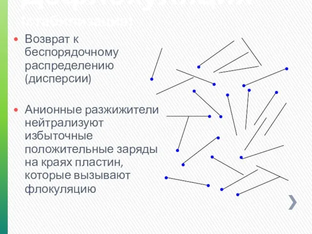 Дефлокуляция (стабилизация) Возврат к беспорядочному распределению (дисперсии) Анионные разжижители нейтрализуют избыточные