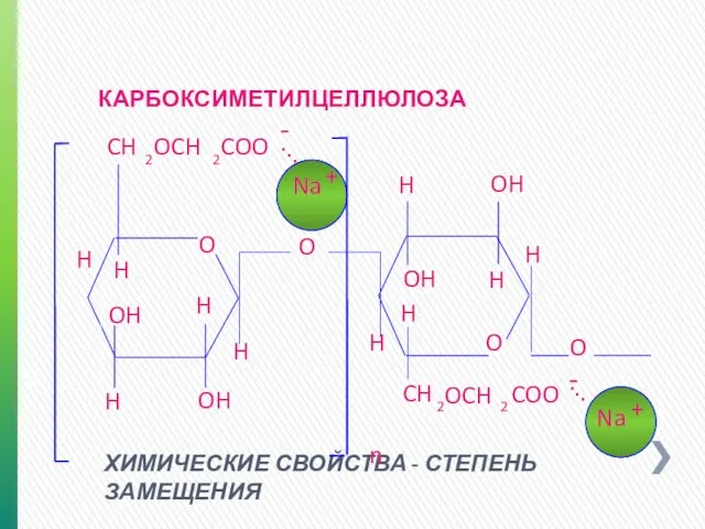 ХИМИЧЕСКИЕ СВОЙСТВА - СТЕПЕНЬ ЗАМЕЩЕНИЯ КАРБОКСИМЕТИЛЦЕЛЛЮЛОЗА O O O H H