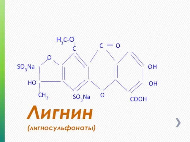 Лигнин (лигносульфонаты) OH OH COOH C O SO3Na HO O Н3C-О O CH3 SO3Na C