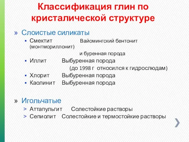 Классификация глин по кристалической структуре Слоистые силикаты Смектит Вайомингский бентонит (монтмориллонит)