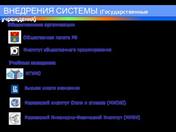 Общественная палата РФ Институт общественного проектирования ВНЕДРЕНИЯ СИСТЕМЫ (Государственные учреждения) Общественные