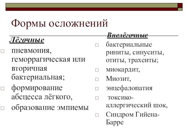 Формы осложнений Лёгочные пневмония, геморрагическая или вторичная бактериальная; формирование абсцесса лёгкого,