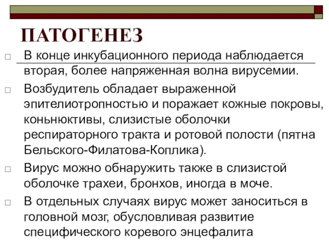 ПАТОГЕНЕЗ В конце инкубационного периода наблюдается вторая, более напряженная волна вирусемии.