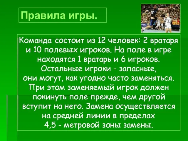 Правила игры. Команда состоит из 12 человек: 2 вратаря и 10