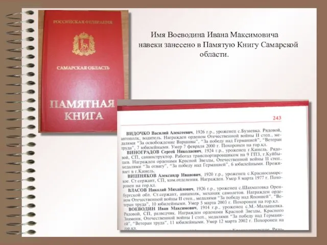 Имя Воеводина Ивана Максимовича навеки занесено в Памятую Книгу Самарской области.